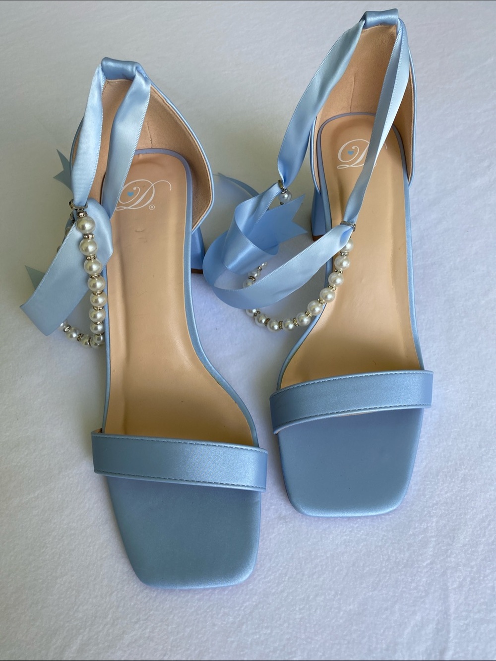 Delicious Morgan Satin block heel Pearl-Ankle Tie Heels in Light Blue Size 10